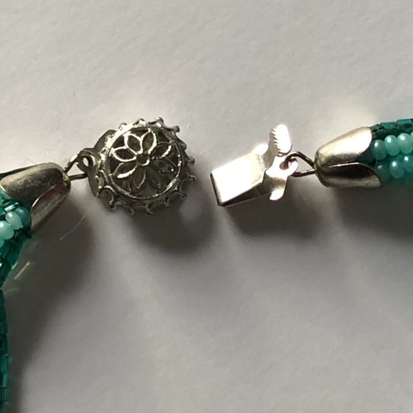 Handmade 7 strand beaded necklace in shades of green & white - Picture 8 of 10